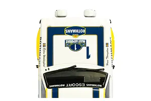 Top-down view of a white Scalextric 1/32 scale Ford Escort MkII slot car featuring Rothmans rally livery and number 1 racing decals.