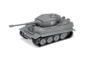A grey plastic Airfix Quickbuild Tiger 1 tank model kit, fully assembled, featuring the number 211 on the turret and a German cross on the hull.