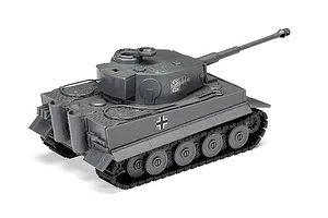 A grey plastic model of a Tiger 1 tank, showing the turret, main gun, and tracks, set against a plain white background.
