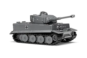 A studio shot of an assembled grey plastic Tiger 1 tank model with the number 211 on the turret and a German cross on the hull side.