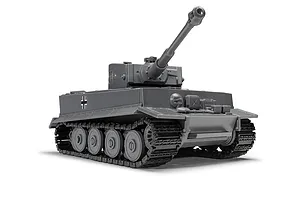 A studio shot of an assembled grey plastic Tiger 1 tank model kit from the Airfix Quickbuild range, shown from a front-quarter angle on a white background.