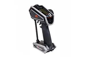 Spektrum DX Rugged DSMR+ 12-channel surface radio transmitter in black and grey with orange accents, shown from a side angle.