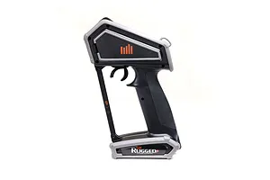 Side profile of a Spektrum DX Rugged+ 12-channel RC transmitter in black and grey with orange accents on a white background.