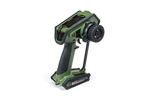 Spektrum DX Rugged DSMR+ 12-channel RC transmitter in olive green with black rubberized grips and steering wheel.