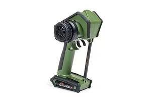 Spektrum DX Rugged DSMR+ 12-channel RC transmitter in olive green, featuring a ruggedized design with black rubber bumpers and a steering wheel.