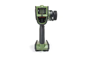 A front-facing studio shot of the Spektrum DX Rugged green RC transmitter with a black steering wheel on the right side.