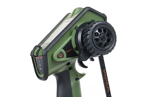 Spektrum DX Rugged DSMR+ 12-channel RC transmitter in olive green with black rubberized bumpers and steering wheel.