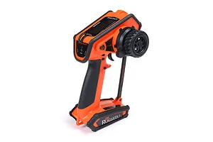 Spektrum DX Rugged DSMR+ 12-channel radio transmitter in orange and black, featuring a steering wheel and ruggedized protective bumpers.