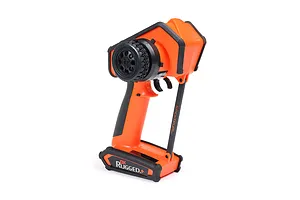 Spektrum DX Rugged DSMR+ 2.4Ghz 12ch radio transmitter in orange and black, viewed from the side against a white background.