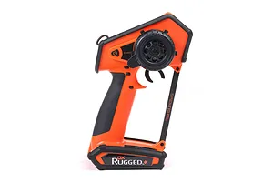 Spektrum DX Rugged DSMR+ 12-channel RC transmitter in bright orange and black, featuring a ruggedized design and steering wheel.