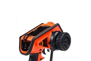 Spektrum DX Rugged DSMR+ 12-channel RC transmitter in orange and black, featuring a ruggedized design and steering wheel control.
