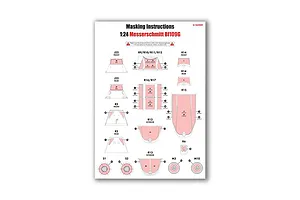 Instruction sheet for Airfix 1/24 Messerschmitt Bf109G masking set showing placement diagrams for various canopy and wheel masks.