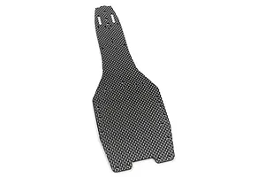 A top-down view of a Yeah Racing graphite RC chassis plate featuring a woven carbon fiber pattern with multiple pre-drilled mounting holes.