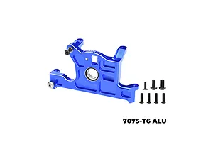 A blue anodized aluminium motor mount for RC cars by GPM Racing, including a pre-installed bearing and a set of black mounting screws.
