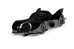 A glossy black 1/32 scale Scalextric Batmobile slot car on a white background.