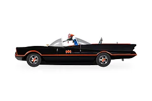 Side profile of a 1/32 scale Scalextric Batmobile slot car with black body, orange trim, and a Batman figure in the cockpit.
