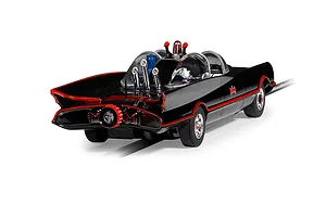 A 1/32 scale Scalextric Batmobile slot car in black with red trim, viewed from the rear three-quarter angle on a white background.