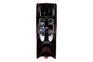 Top-down view of a 1/32 scale Scalextric Batmobile slot car with a black body, red trim, and a Batman figure in the cockpit.