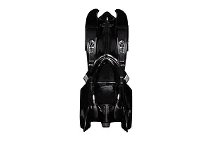Top-down view of a shiny black chrome Batmobile slot car on a white background.