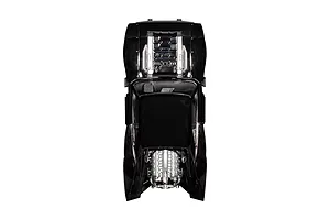 Top-down view of a black Scalextric Batmobile slot car with chrome engine details.