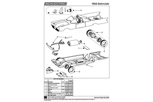 A technical service sheet diagram for a 1966 Batmobile Scalextric slot car, showing an exploded view of parts and a list of spare part numbers.