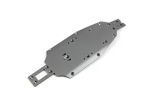 A gunmetal grey aluminium main chassis plate for an RC car, featuring various mounting holes and cutouts, shown from an elevated angle on a white background.