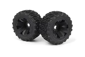 Two black RC monster truck wheels with aggressive tread patterns on a white background.