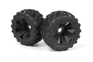 Two black monster truck RC wheels with aggressive tread patterns on black rims, isolated on a white background.
