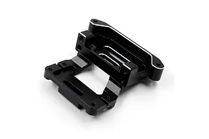A black anodized aluminium rear shock tower and arm mount for RC cars, featuring machined edges and multiple mounting holes.
