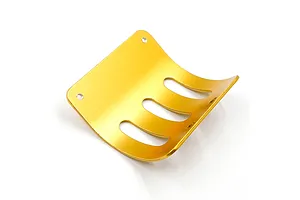 A gold-anodized aluminium RC motor guard with a curved design and three ventilation slots, isolated on a white background.