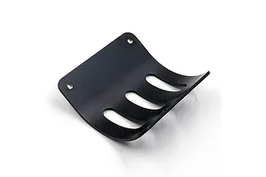 A black curved aluminium motor guard for RC cars with three ventilation slots and two mounting holes, isolated on a white background.