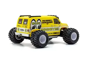 Rear three-quarter view of the Kyosho Fazer Mk2 Mad Van RC monster truck in yellow with Mooneyes branding on a white background.