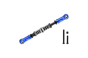 GPM Racing blue aluminium adjustable servo steering link with spring, including two black screws and a nut, isolated on a white background.