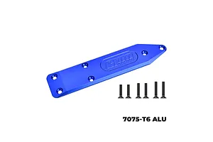 A blue anodized aluminium rear skid plate by GPM Racing with six black mounting screws on a white background.