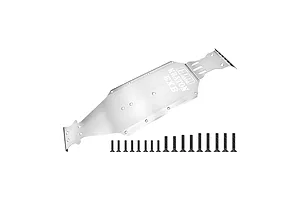 GPM Racing stainless steel chassis skid plate for Arrma Kraton EXB with included black mounting screws on a white background.