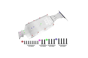 GPM Racing stainless steel chassis skid plate for Arrma Notorious EXB with numbered installation points and corresponding flat head screws.