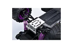 A close-up view of a silver GPM stainless steel skid plate installed on the underside of an Arrma RC vehicle chassis.