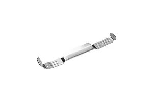A silver GPM stainless steel centre skid plate for an RC vehicle, shown from an angled perspective against a white background.