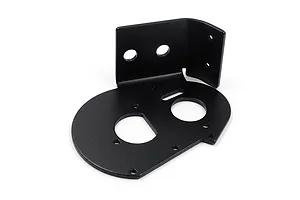 A black aluminium motor mount plate for RC cars, featuring a flat base with circular cutouts and an L-shaped vertical bracket with mounting holes.