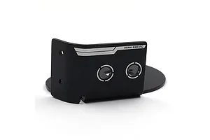 A black aluminium motor mount plate by Yeah Racing with white branding and circular cutouts on a white background.