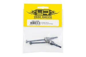 Two black steel CVD driveshafts for RC cars in a Yeah Racing branded plastic retail bag.