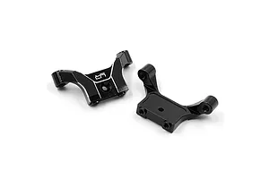 Two black anodized aluminium upper arm mounts for RC cars by Yeah Racing, shown from different angles on a white background.