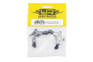 Two black aluminium upper arm mounts for RC cars in a Yeah Racing branded yellow and clear plastic retail bag.