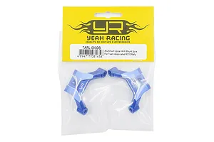 Two blue anodized aluminium upper arm mounts for RC cars in a clear plastic bag with a yellow Yeah Racing header card.