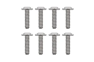 A digital line drawing illustration of eight identical metal screws arranged in two rows of four against a white background.