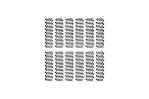 A top-down view of twelve identical metal grub screws arranged in two rows of six on a white background.