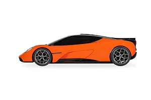 Side profile of an orange Scalextric 1/32 scale GMA T.50 slot car on a white background.