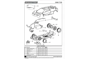 Exploded view diagram of a Scalextric GMA T.50 slot car showing all individual parts and a spare parts list table.