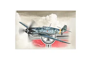 Box art illustration of a Messerschmitt Bf 109 G-6 fighter plane in flight against a cloudy sky and a German military emblem.