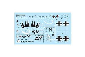 A decal sheet for an Italeri 1/72 scale Bf 109 G-6 Aces model kit, featuring various markings, crosses, and numbers on a light blue backing paper.